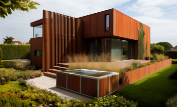 Petite Source finition Canyon de Fer, le bain nordique contemporain qui sait aussi se marier harmonieusement avec une maison d'architecte en acier Corten.