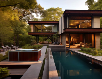 Petite Source finition Canyon de Fer - A côté d'une grande piscine et d'une maison avec acier Corten, le bain nordique design en corten a toute sa place.