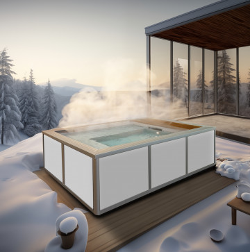 Petite Source finition Cristaux de sel - Installée en montagne, le bain nordique au design contemporain fait fumer son eau chaude sous la neige.