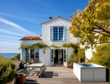 Petite Source finition Cristaux de sel - Le jardin de la maison à l'Île de Ré a changé depuis l'installation du bain spa à l'eau chaude toute l'année.