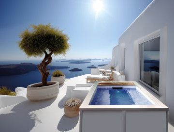 Petite Source finition Cristaux de sel - Un bain comme une mini piscine hors-sol au design contemporain installée sur la terrasse d'une maison en Grèce avec vue sur la mer.