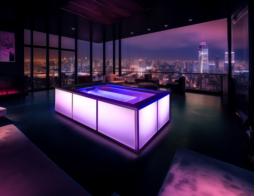 Petite Source finition Halo de minuit - Micro-piscine rétroéclairée dans un appartement en haut d'un gratte-ciel avec vue sur skyline de nuit.