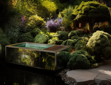 Petite Source finition Île secrète - Un bain comme un spa à l'eau chaude et calme au milieu d'une végétation luxuriante.