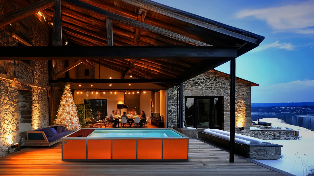 Exemple d'implantation PS7 contenant 3,2m³ d'eau, environ 10 fois moins qu'une piscine traditionnelle.
